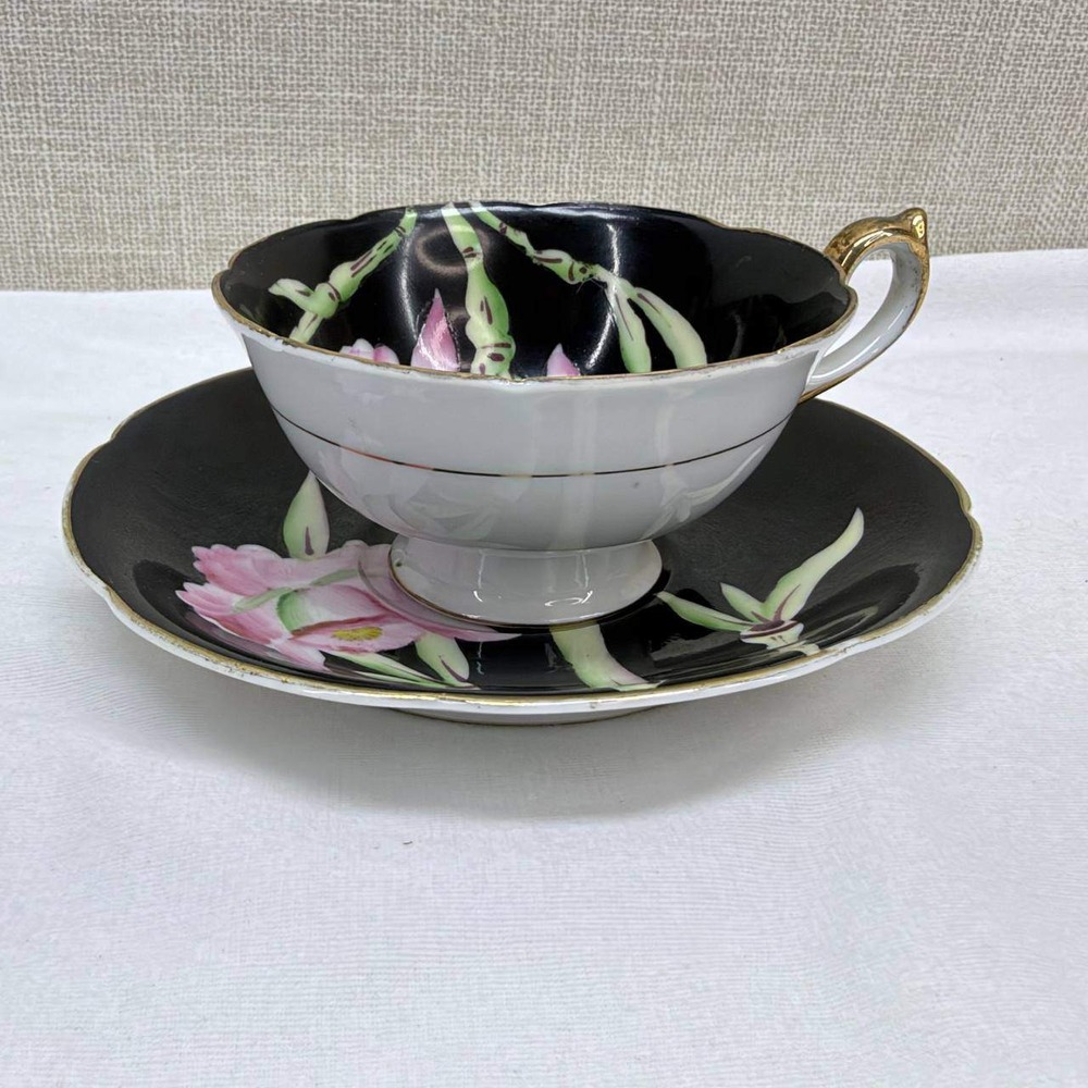 Chugai China Occupied Japan Tea Cup Saucer Set Black Pink Orchid Bamboo Gold